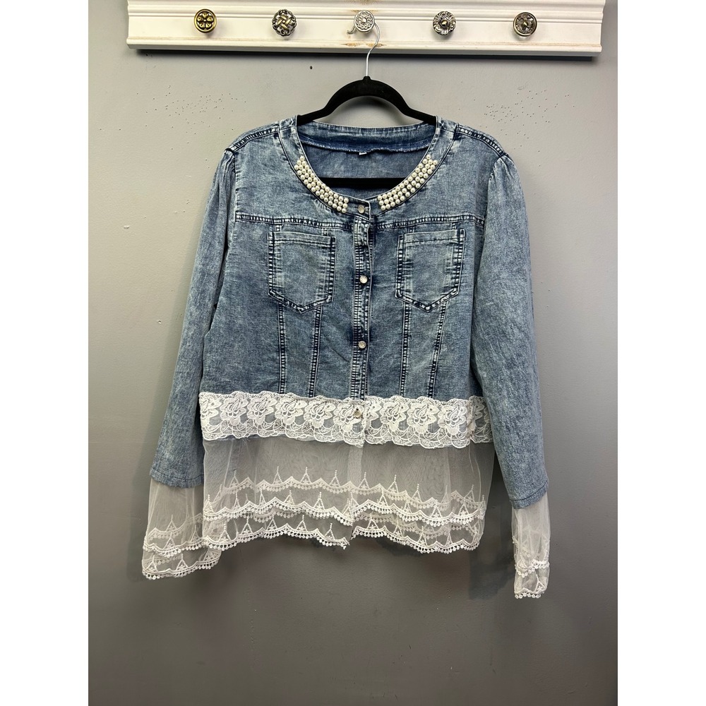 Denim Jacket Women 3XL Blue Acid Wash Pearl Lace Trim Boho Embellished Feminine